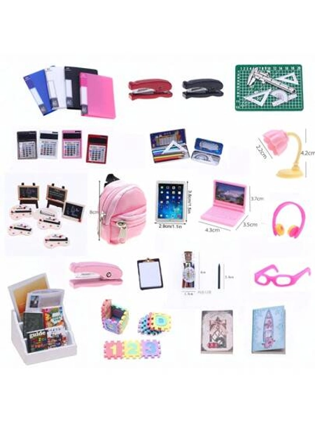 Doll House Mini Realistic Learning Supplies Collection, Including Miniature Books, Magazines, File Folders, Backpacks, DIY Micro Learning Scene Toys, Miniature Computer Calculator, BID Doll Decorations, Mini Learning & Drawing Props