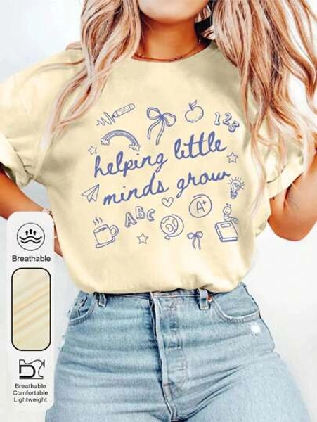 Women's Summer Kindergarten Teacher Graphic Print Round Neck Short Sleeve Simple Casual Daily Plus Size T-Shirt Tops, Teacher Graphic Print Ladies Tops, Back To School Graphic Print Ladies Summer Clothing, Teacher Graphic Print Summer Tops
