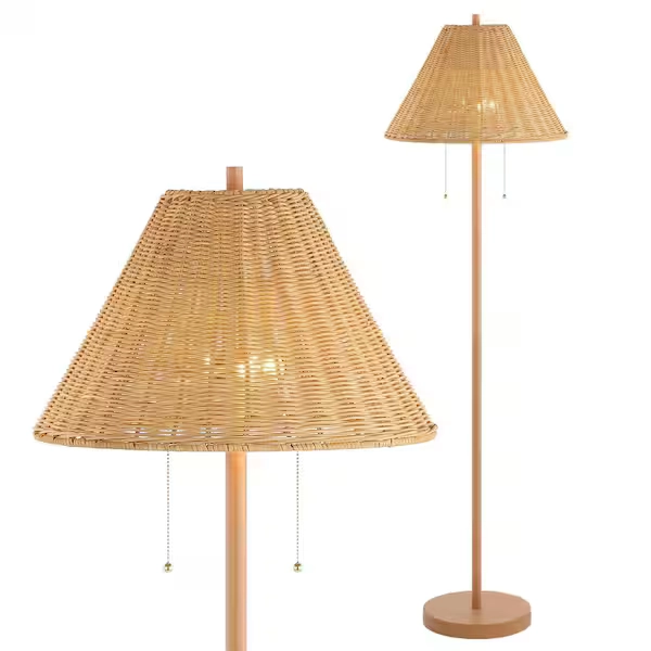 JONATHAN Y Nando 61 in. 2-Light Coastal Bohemian Iron/Rattan LED Floor Lamp with Pull-Chain, Brown Wood Finish JYL3092A