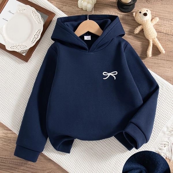 [Fleece Pullover] Girls' Casual Outing Fashion Print Bow Pattern Regular Fit Long Sleeve Hooded Sweatshirt Fleece Pullover for Autumn and Winter