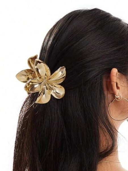 Gold/Silver Flower Shaped Hair Claw Clip, Hair Clip, Metallic Chic Hair Accessory For Updos, School Flower Piranha Summer Hair Clips Hair Jaw Clip Hair Clamps Hair Clutch Hair Catcher Clip, School Stuff, College Fall Winter Hair Accessories For Women For Vacation Outfits Woman