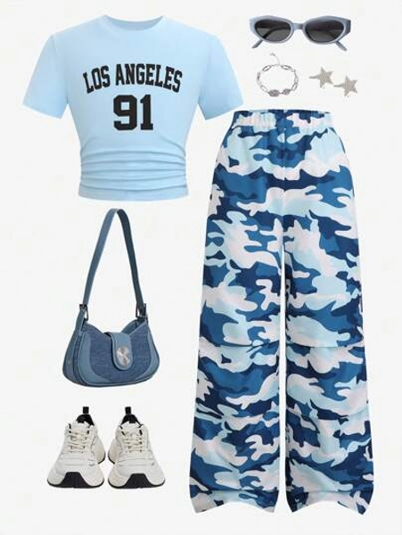 SHEIN Explorewe Tween GirlsTrendy Loose Pink Camouflage Woven Cargo Pants And Short Sleeve T-Shirt Set