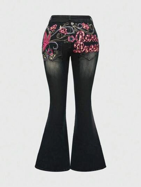 ROMWE Fairycore Y2K Butterfly Embroidery Distressed Super Low Waist Skinny Jeans For Women - Size M