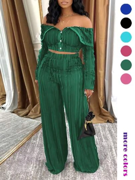 Women 2 Pieces Set Solid Color Long Sleeve Off-Shoulder Sexy Ruffle Front Button Crop Top And Wide Leg Pants Set