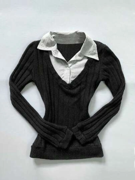 Women's Affordable Casual Top, Polka Dot & Striped 2 In 1 Design, Slim Fit Versatile For Daily Layering Or Outerwear Black Spring - Size M