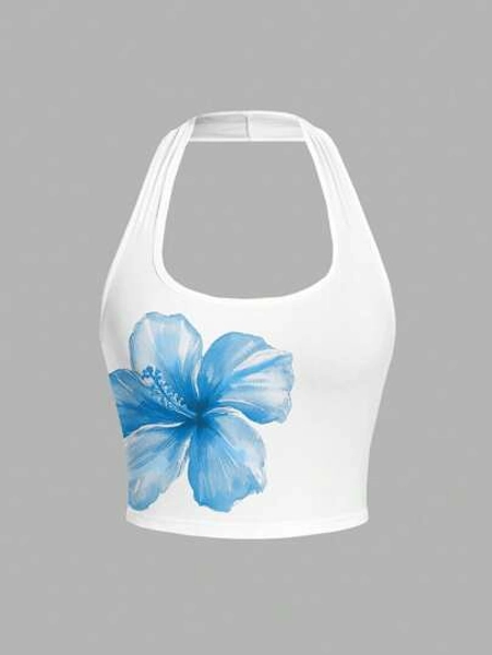 Teen Girl Blue Watercolor Floral Print Casual Tank Top, Suitable For Music Festivals, Beach Vacations, Romance, Teen Girls Summer Holiday Hawaii Top