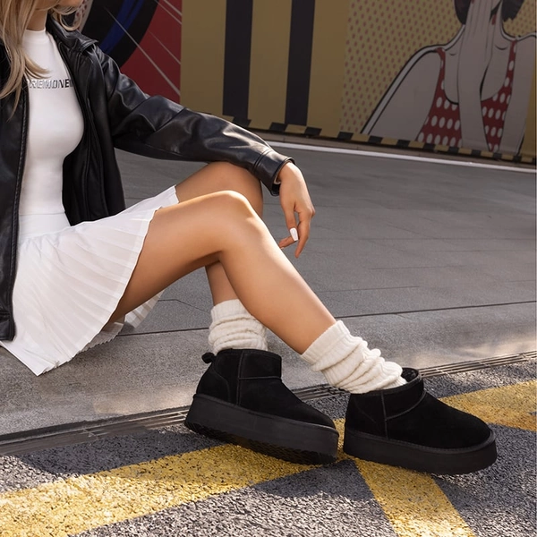 [FuzzyClassic Platform Mini Boot] Suede Platform Ankle Snow Boots