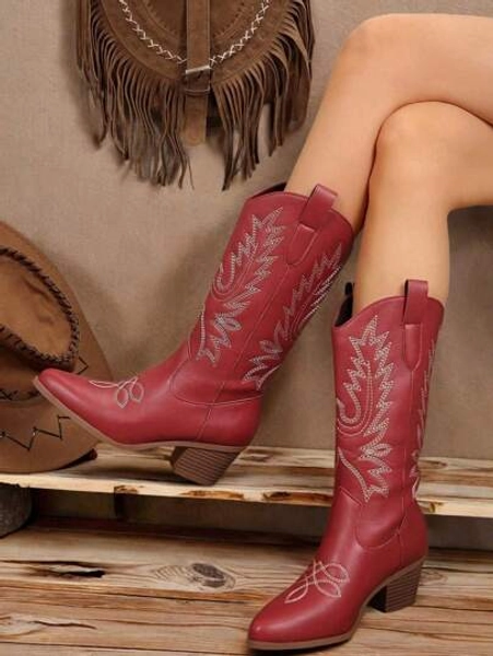 New Women Western Cowgirl Boots, Pointed Toe Embroidered Thick Heel Mid-Calf Fashion Boots