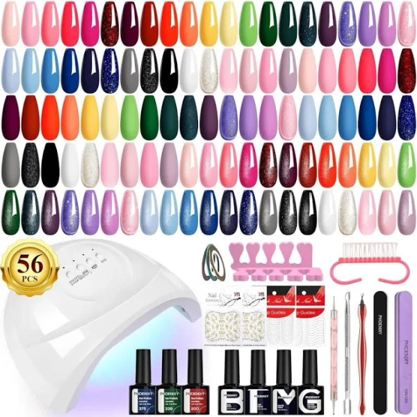 Soft Gel Nail Art Polish Kit with UV Light 48W, 56 Pcs 108 Effect Nail Kit with Lamp Base Glitter Matte Acrylic Top Coat Manicure Tools Gifts for