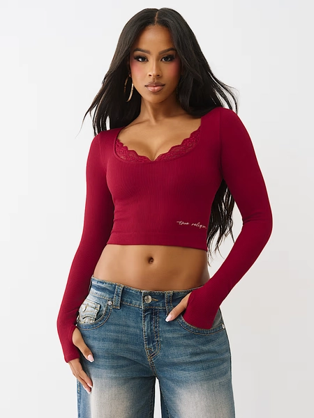 SEAMLESS LACE SCOOP NECK LONG SLEEVE TOP