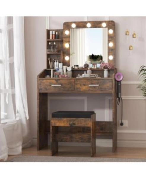 Vanity Desk with Mirror and Lights, Makeup Vanity with Power Outlet