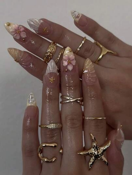 24Pcs/Set Almond Shaped Elegant 3D Starfish & Waterdrop Flower Golden Beads Press-On Artificial Nails With 1Pc Jelly Gel And 1Pc Nail File, Touch For Daily Dates Nail Supplies Nails