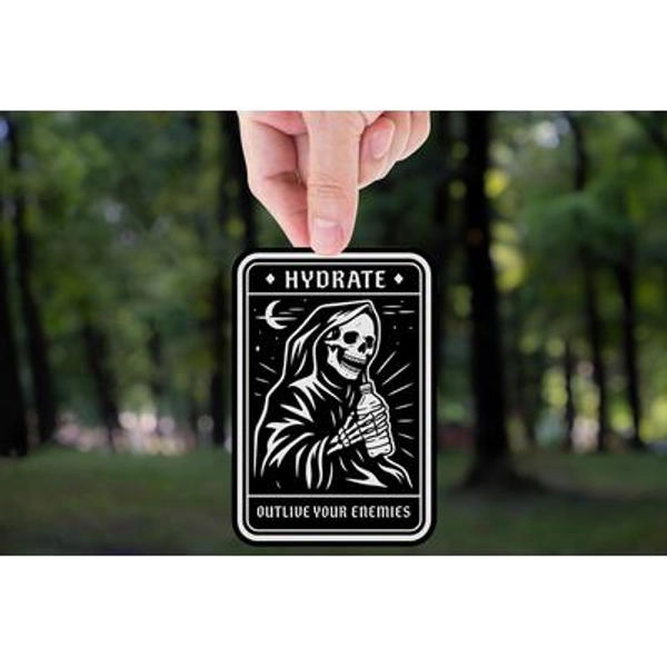 Funny Grim Reaper Hydrate Meme Sticker: Goth Humor Vinyl Decal