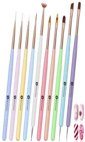 KINGMAS 10Pcs Nail Art Brushes, Clean Up Brush, Nail Gel Polish Painting Brush Drawing Pen, Nail Liner Brush And Nail Dotting Pen Nail Dust Cleaning Brush