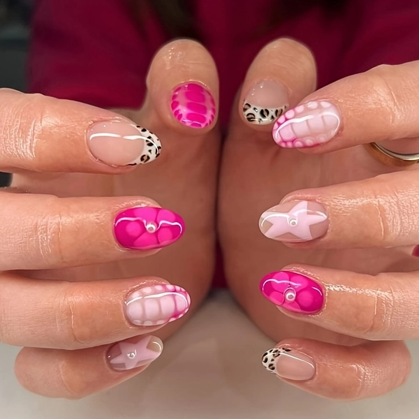 24Pcs Short Almond Press-On Nails-Pink & White 3D French Tips with Leopard, Stripes & Star Designs, Cute Acrylic Fake Nails Set with Gel Glue & Nail File for Women & Girls, Autumn & Winter Daily & Party Wear, Short French Tip, Pink Nails