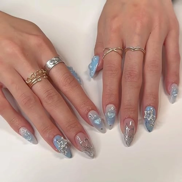 3D Handmade Press on Nails Medium Almond Fake Nails Blue Gradient Full Cover Star Charm False Nails with Sliver Line Designs Glossy Glue on Nails Acrylic Artificial Nails for Women Girls 24Pcs