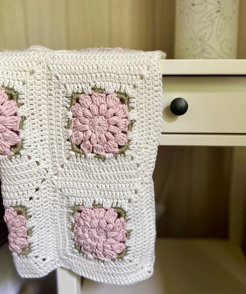 Hand Crocheted Cotton Rose Granny Square Newborn/Stroller Blanket