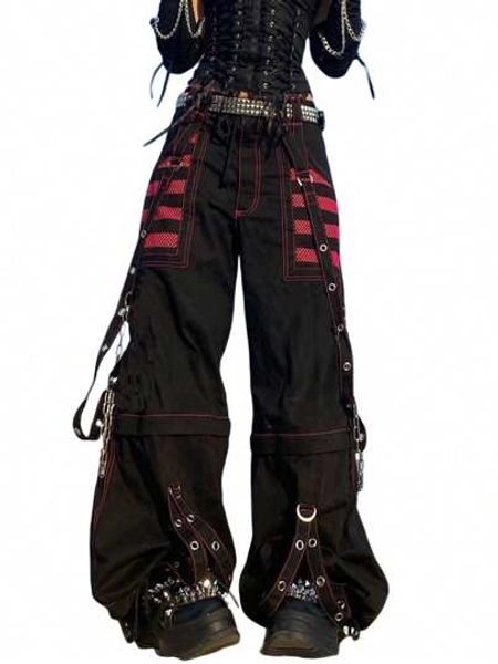 Women Y2k Goth Wide Leg Pants Loose Hip-Hop Strap Buttoned High Waist Baggy Cargo Pants Grunge Gothic Harakuju Pants Trousers Vintage Aesthetic Clothes Casual Streetwear