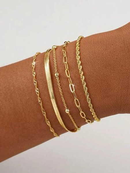 Ein Set aus 5 exquisiten und eleganten stapelbaren Goldarmbändern für Frauen, geeignet für den täglichen Gebrauch (die Anzahl der Perlen in der Kette ist zufällig, aber die Länge ist fest).