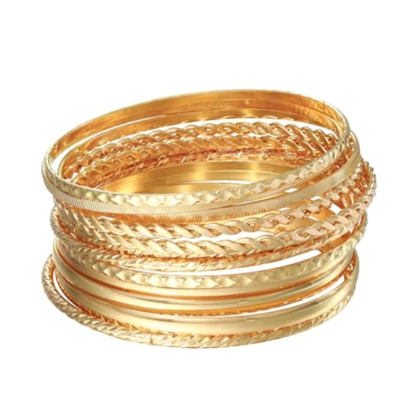 MILAKOO 12Pcs Gold Multi Layer Bangle Cuff Stackable Ethnic Glossy Textured Indian Bollywood Bracelets
