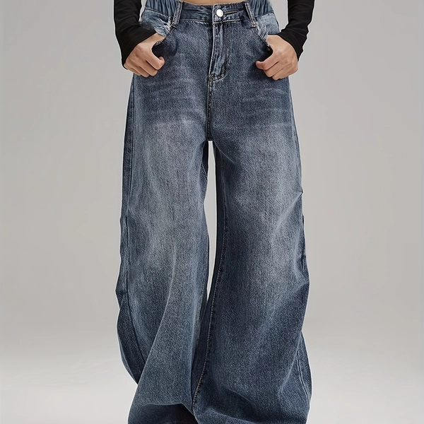 Teen&young Girls Youth Retro Washed Dark Blue Simple All-match Wide-leg Straight Pants Loose Casual Long Jeans
