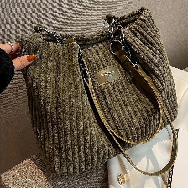 Women'S Large Capacity Corduroy Tote Bag - Elegant / Brown/ Green/ - Structured Handbag with Fixed Strap & Zipper Closure