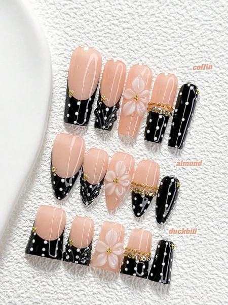10pcs Soft Feminine Handmade Press-On Nails, Polygel Nail Art Set, Chain, Rhinestone, White Flower, Black & White Nail Polish, Luxury Style, Includes Nail Tools, 3 Sizes Available, Almond, Duck, Coffin Shape, Suitable For Party, Dancing, Daily Wear
