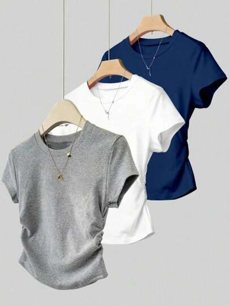 3pcs/Set Teens Girls Casual Versatile Ruched Waist Short Sleeve T-Shirt Plain Tween Shirts For Girls Plain Shirts For Girls Teen Girl Clothes Tops T Shirts