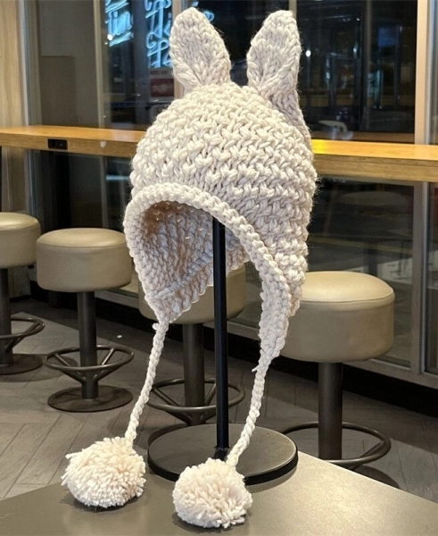 Beige Crochet Ear Flap Winter Hat | Sophia - KATSEYE - Fashion Chingu