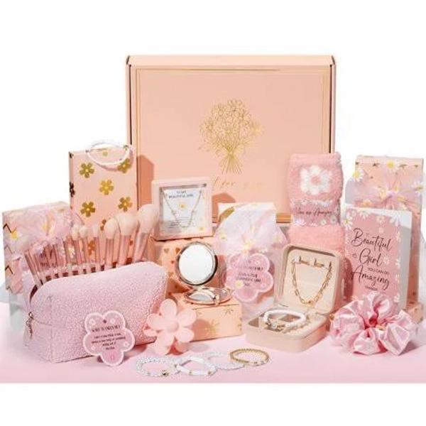 Christmas Gifts for Women & Teens - 8 PCS Birthday Gifts Basket Trendy Stuff w/ Fun Task Tags Make up Brushes & Bag, Advent Calendar Wrapped Gifts Box