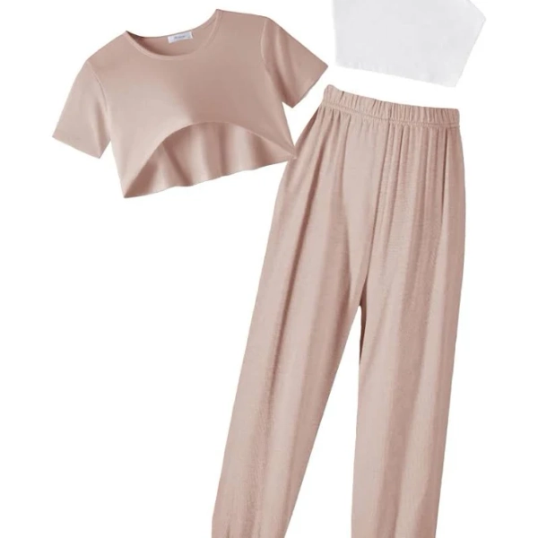 Girls 3pcs Set Short Sleeve High Low Hem Overlay Top & Cami with Sweatpants Kids Outfit 6-13 Years