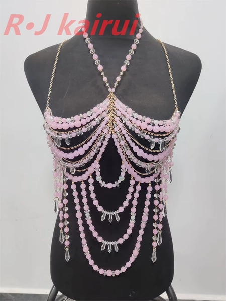 Fashion Handmade Women Pastel Pink Beads Neck Chains Unique Top Party Beads Jewelry Accessories