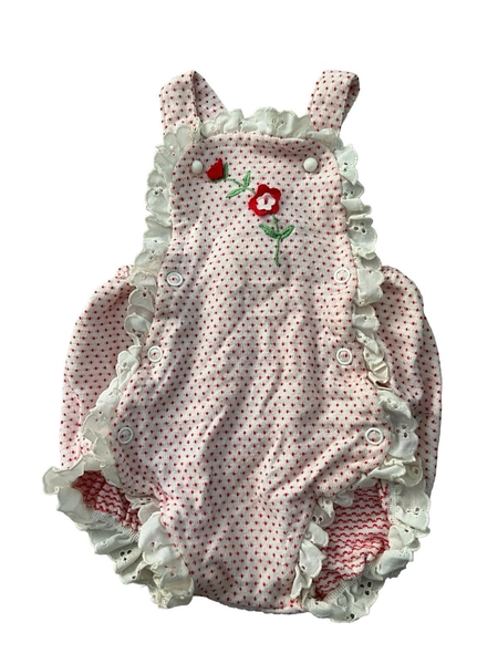 Vintage 80s Carter's Baby Girls Bubble Romper Red Polka Dots Eyelet Ruffle USA