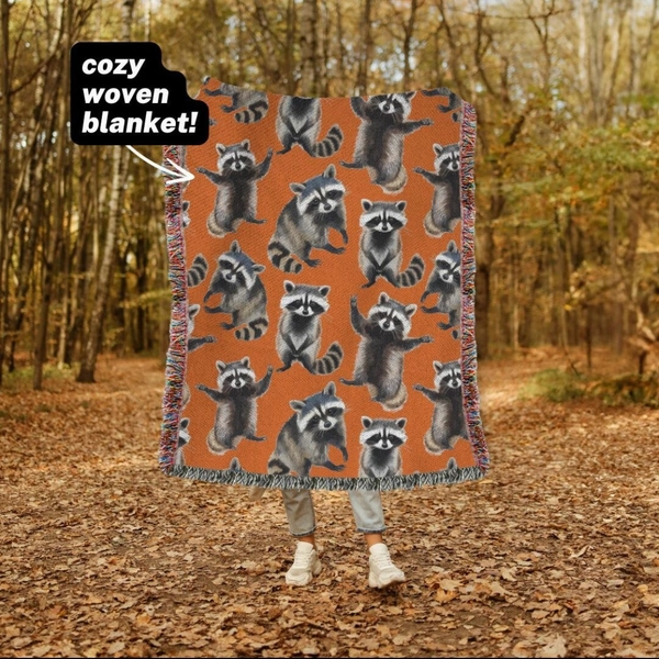 Feral Raccoon Fall Woven Blanket, Cute Cozy Autumn Throw Blanket For Halloween, Cottagecore Fall Vibes Throw, Blanket for Movie Night