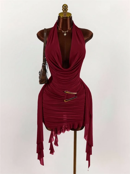 Kliou Tassel Decoration Mini Dress Woman Halter Swing Collar Backless Sleeveless Metal Buckle Street Elegant Fashion Bodycon - AliExpress 200000345