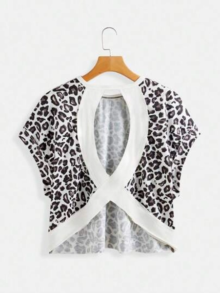 SHEIN Essnce Women's Summer 2025, Leopard Print Batwing Sleeve Backless T-Shirt, Loose Fit Retro Casual Top With Cutout Back, Vintage Short Sleeve Daily Wear