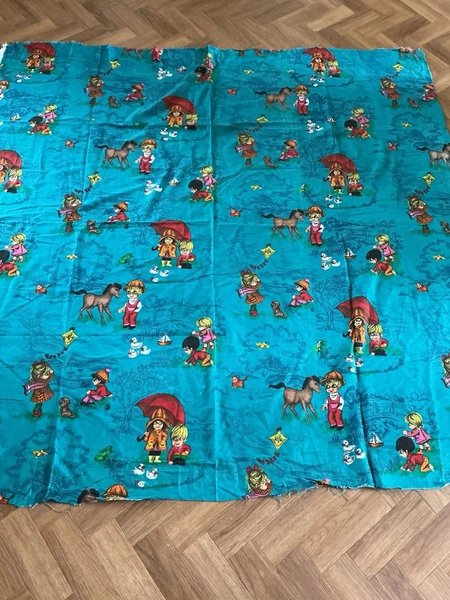 Vintage Piece Bright Blue Children's Kitsch Patterned Fabric 1960s/ 1970s