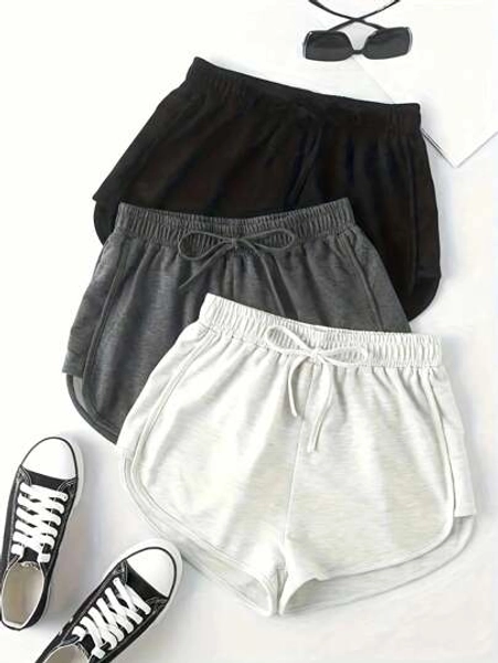 3pcs Solid Color Drawstring Waist Sport Shorts Women Boxer Shorts Jogger Shorts