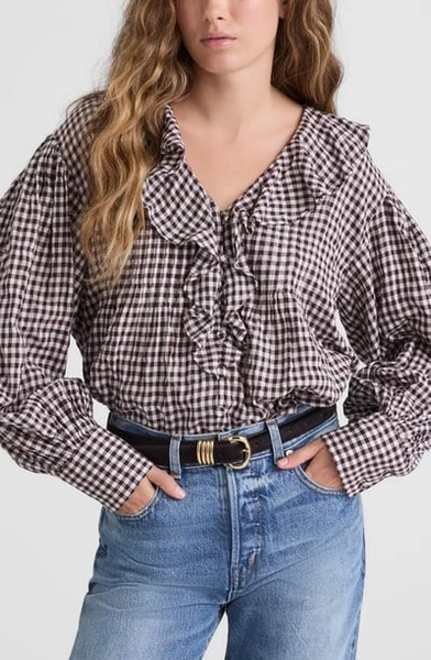 Madewell Ruffle Pintuck Long Sleeve Top in Chocolate Raisin at Nordstrom, Size Xx-Large