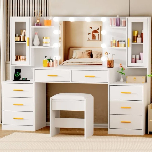 Adriel 59.1" Large Vanity Desk Table With Mirror & Lights, Power Outlet And 8 Drawers 2 Cabinets Wrought Studio