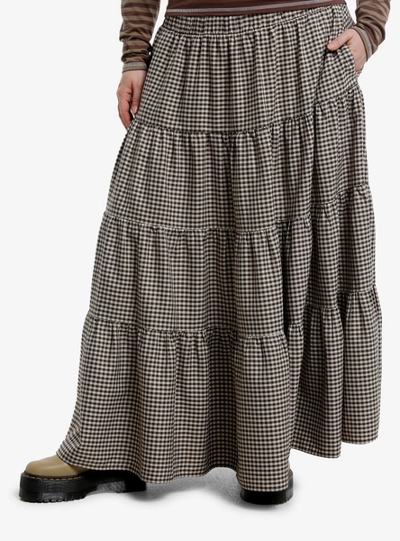 Thorn & Fable Brown Gingham Tiered Midi Skirt Plus Size