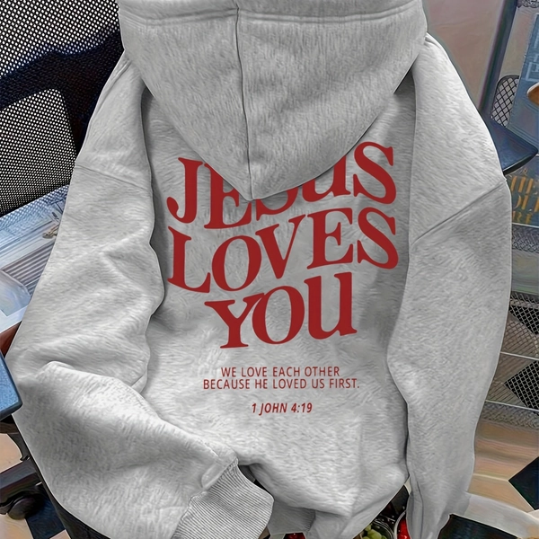 Women's Casual Hooded Sweatshirt with "JESUS LOVES YOU" & John 4:19 Bible Verse Print - Geometric Pattern, Front Pockets, Machine Washable, All-Season Comfort Fit