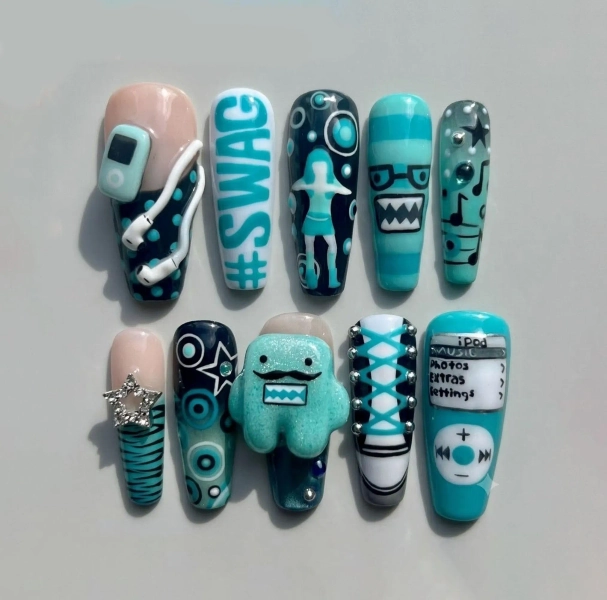 3D 2010s Nostalgia Y2K Scene Press On Nails - Teal MP3 Sneaker Handmade Reusable Custom Fingernails - Gel Fake Nails - Glue on Nails