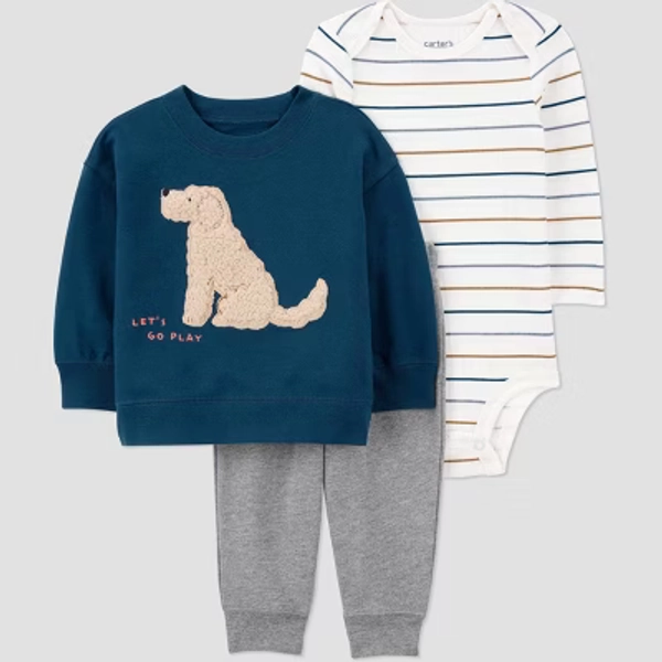 Carter's Just One You® Baby Boys' 3pc Dog Sweatshirt with Long Sleeve Bodysuit and Jogger Pants Set - Navy Blue 9M
