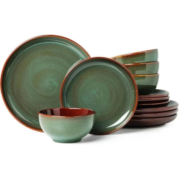 Whatseaso 12-Piece Sage Green Modern Stoneware Kitchen Dinnerware Sets with Plates and Bowls