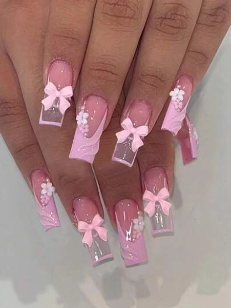 24Pcs 3D Gelnail Makes Square Pink French Tip Press On Nails Medium Flower Bow Design Acrylic Fake Nail Set,Contain 1Pc Jelly Glue And 1Pc Nail File,Easy To Wear 3D Gelnails French Tip Press On Nails Art For Woman Girl Daily Work Festivals Party Use Nail Supplies Nails