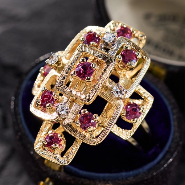 Geometric Diamond & Ruby Ring 14K Yellow Gold
