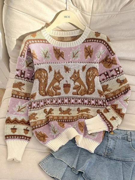 Franclia Women's Basic Casual Squirrel Print Crew Neck Long Sleeve Sweater, Christmas