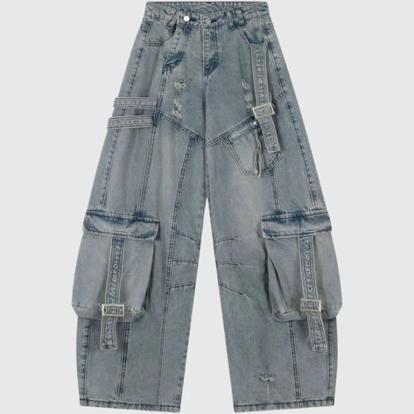 Arella Ripped Asymmetric Wide Cargo Jeans