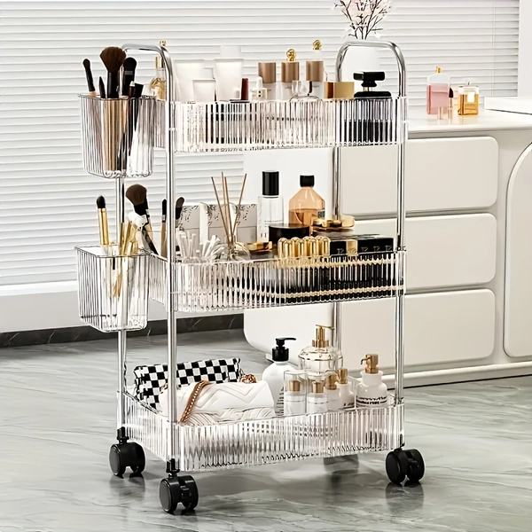 3/4 Tier Rolling Storage Cart with Hanging Storage Boxes, Multifunctional Utility Cart, Acrylic Material & Modern Minimalist Transparent Design, Alloy Frame Handle & 360° Rotating Silent Roller, Snack Cart for Dorm, Bathroom, Bar, Kitchen